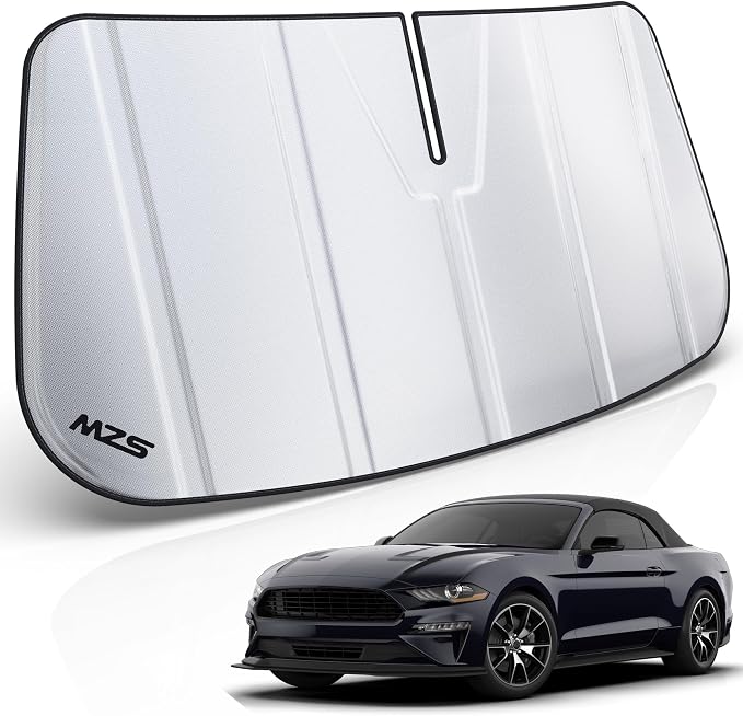 MZS Windshield Sun Shade Compatible with Mustang 2015-2023 | 6-Layer Heat Insulation, 99% UV Blocking, Keeps Interior Cool, Full Coverage Visor, Foldable Car Window Sunshade, Storage Bag by MZS
