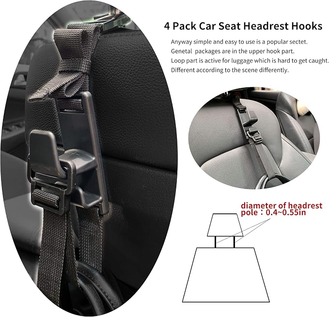 4-Pack Headrest Hooks for Car Universal Interior Auto Vehicle Back Front Seat Hanger Holder Organizer for Handbags Purses Coats and Grocery Bags - Image 3