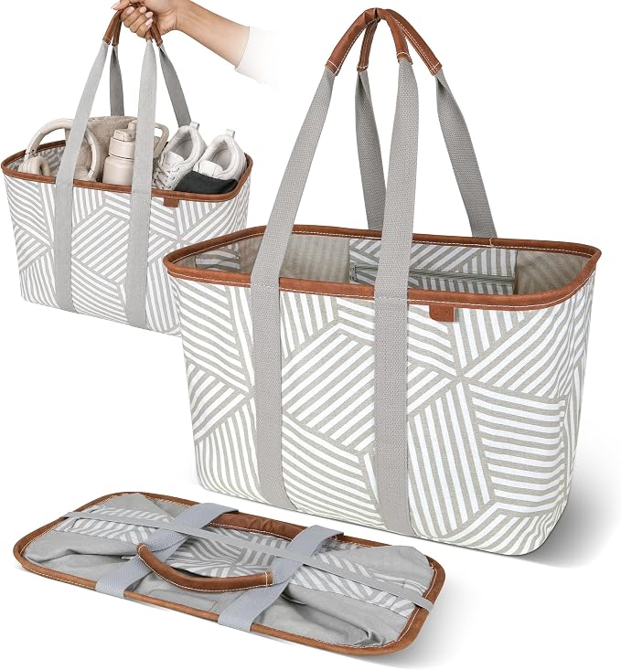 CleverMade Collapsible Tote LUXE, 30L Structured Tote Bag with Handles | Pack It All Without the Floppy-Bag Fight | Steel Rim Stays Open, Soft Grips Carry 30 lb, and Tote Folds to 1.5 Inches by CleverMade