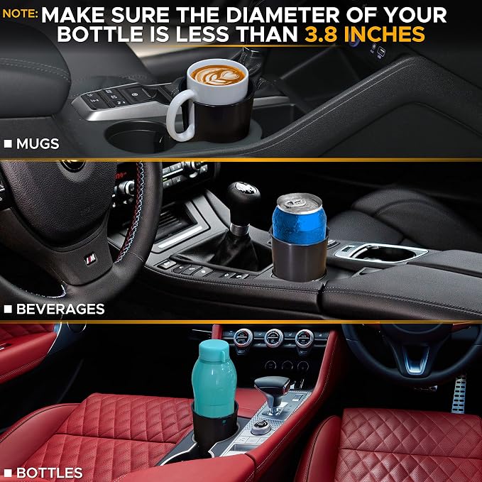 EcoNour Car Cup Holder Expander | Fits 32/40 oz Hydro Flasks | Yeti, Nalgene & Large Bottles up to 3.8" | Universal Cup Adapter for Cars with 3.2" Holders – Black - Image 7