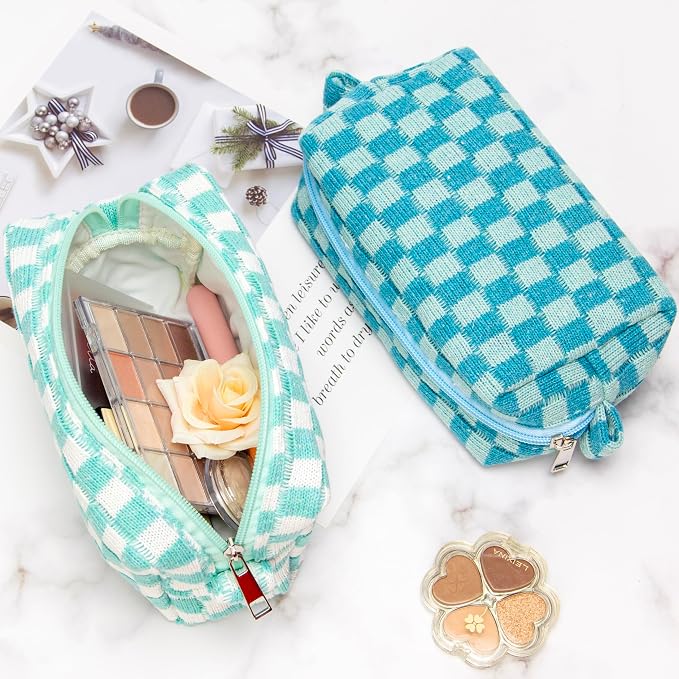 Checkered Makeup Bag for Purse, Small Cosmetic Pouch,Lake Blue,2 Pack | Cute Zipper Makeup Organizer for Women, Travel Essentials, Toiletries, Makeup Brushes, Beauty Accessories&Bridesmaid Gifts - Image 5