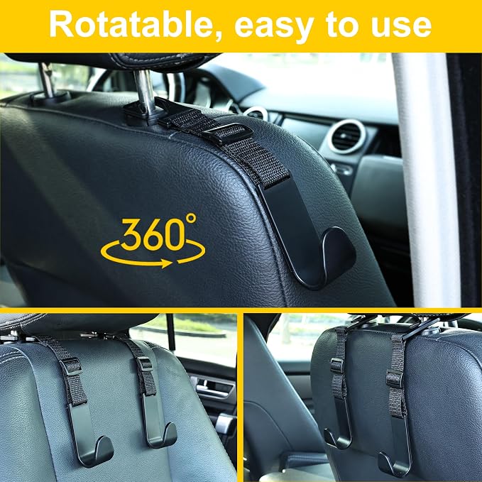 4-Pack Car Headrest Hooks, 40lb Load, Adjustable Car Hooks | Fits most headrest bars, Holds backpacks, umbrellas, water bottles, coats, purses, handbags, groceries, Black - Image 4