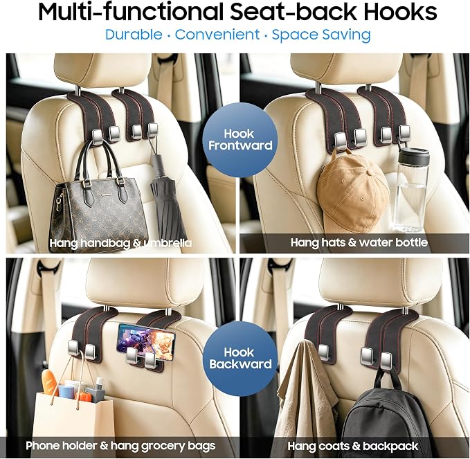 Amooca Car Headrest Hooks 4-Pack Suede Seat Organizer with Metal Core | Universal Fit, Double-hook Design, Backseat Storage for Backpack Umbrella Water Bottle Coat Purses Handbags Groceries, Black - Image 3