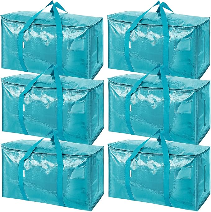 TICONN 6 Pack Extra Large Moving Bags Heavy Duty with Zippers & Carrying Handles, Durable Storage Bags Moving Boxes for Closet Organizers and Storage (6 Pack, Aqua) by TICONN