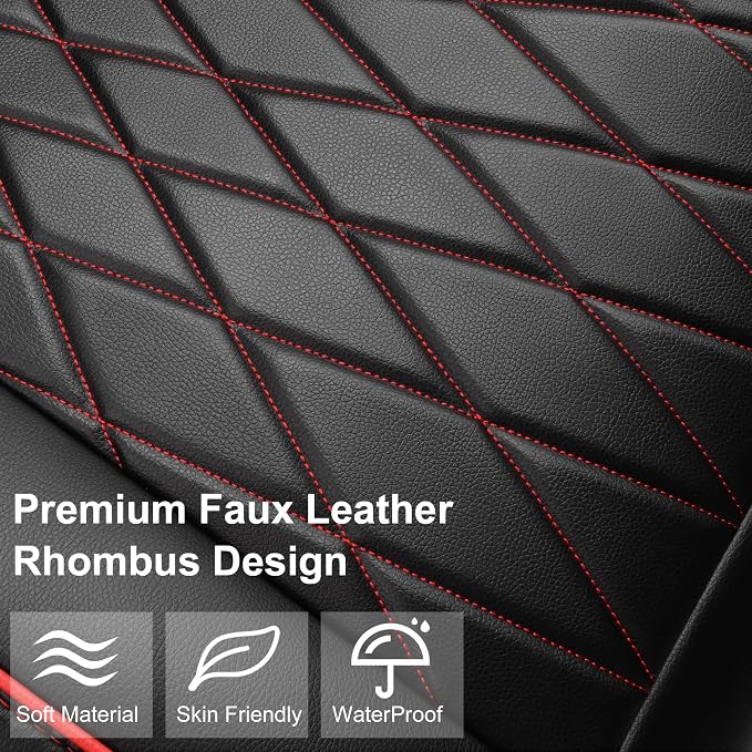 CAR PASS Luxury PU Leather Two Front Car Seat Covers, Waterproof Seat Covers Compatible with Front Seat Armrests, Airbag Compatible Anti- Slip Universal Fit for Cars Suvs Vans Trucks Black Red - Image 2