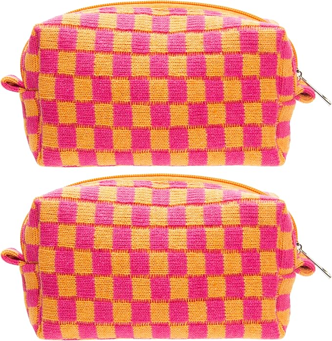 Checkered Makeup Bag for Purse, Small Cosmetic Pouch,Red Orange,2 Pack | Cute Zipper Makeup Organizer for Women, Travel Essentials, Toiletries, Makeup Brushes, Beauty Accessories&Bridesmaid Gifts by PAZIMIIK