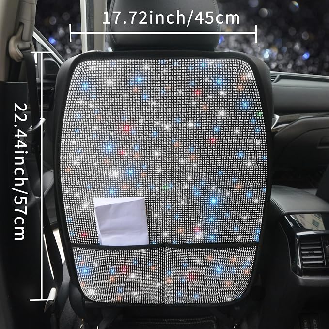 Bling Crystal Car Seat Back Kick Protectors with Storage, Sparkly Diamond Kick Mats, Universal Seat Protector for SUV and Automotive Crystal Auto Accessories for Women White 2pcs - Image 3