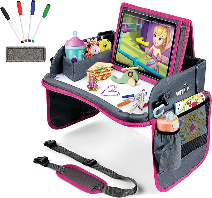 Kids Travel Tray with Dry Erase Board - Car Seat Tray for Kids Travel, Carseat Table Top for Toddler, Lap Desk for Car Seat, Activity Organizer & Snack Holder, Road Trip Essentials for Kid (Pink) by WITRIP