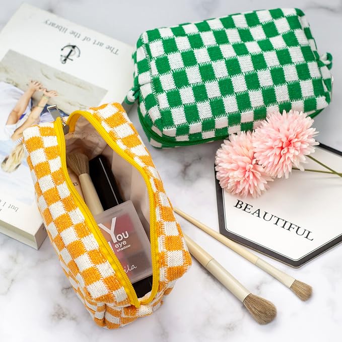 Checkered Makeup Bag for Purse, Small Travel Cosmetic Pouch,Orange,2 Pack | Cute Zipper Makeup Organizer for Women, Travel Essentials, Toiletries, Makeup Brushes, Beauty Accessories&Bridesmaid Gifts - Image 4
