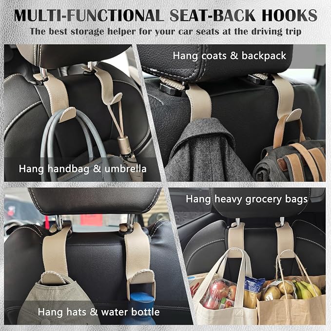 Car Seat Headrest Hook 55lb Heavy Duty Metal Hanger with Leather for Bags | Universal Fit car SUV Truck, Premium Microfiber Leather, Metal Core, Hang Purses Groceries Handbag Backpack, 2 Pack Beige - Image 2