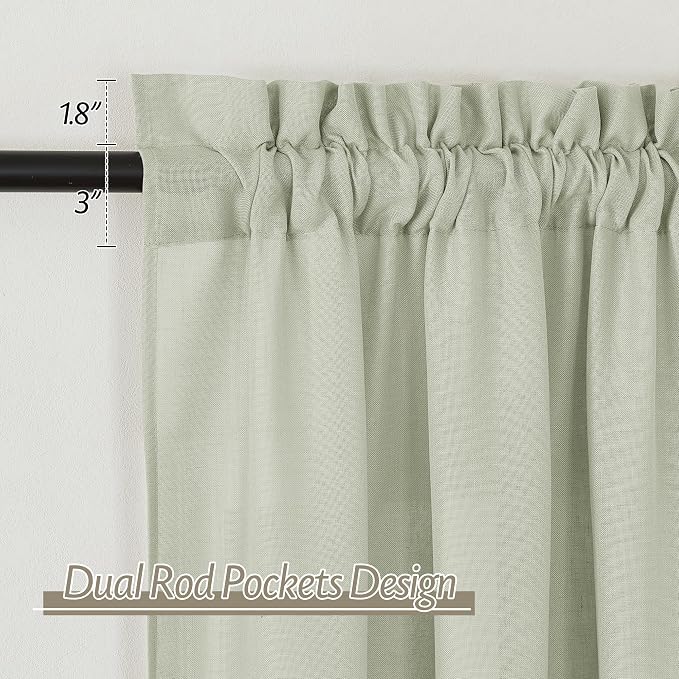 RYB HOME Linen Sheer Curtains 2 Panels for Living Room, Semi Transparent Privacy Drapes with Rod Pocket Farmhouse Style Window Treatments for Bedroom, Sage Green, 52" W x 95" L - Image 2