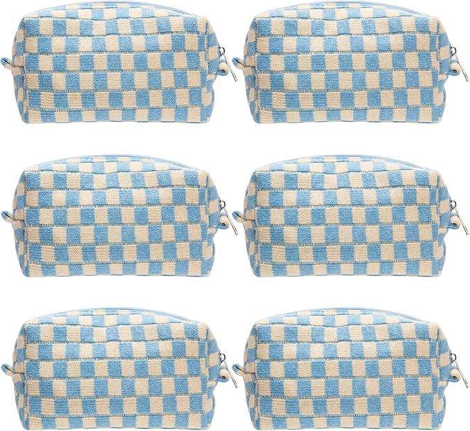 Checkered Makeup Bag for Purse, Small Cosmetic Pouch,Blue Beige,6 Pack | Cute Zipper Makeup Organizer for Women, Travel Essentials, Toiletries, Makeup Brushes, Beauty Accessories&Bridesmaid Gifts by PAZIMIIK