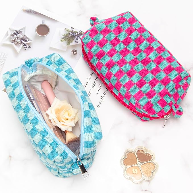 Checkered Makeup Bag for Purse, Small Cosmetic Pouch,Lake Blue,2 Pack | Cute Zipper Makeup Organizer for Women, Travel Essentials, Toiletries, Makeup Brushes, Beauty Accessories&Bridesmaid Gifts - Image 4