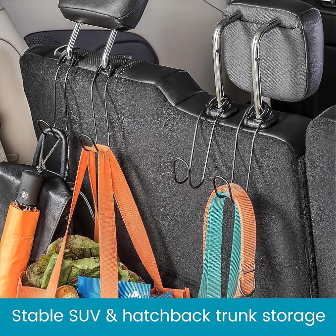 High Road Metal Car Hooks for Large Purse Straps and Heavy Bags | Set of 4 Car Headrest Hooks Fit All Sized Metal Posts - Secure Cushioned Attachment Won't Slip Off or Rattle - Image 4