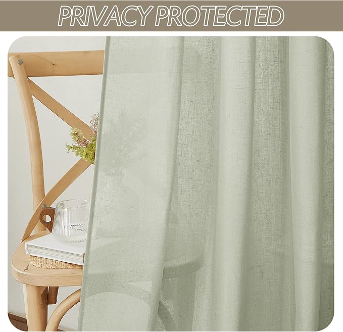 RYB HOME Linen Sheer Curtains 2 Panels for Living Room, Semi Transparent Privacy Drapes with Rod Pocket Farmhouse Style Window Treatments for Bedroom, Sage Green, 52" W x 90" L - Image 7