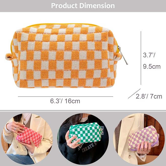Checkered Makeup Bag for Purse, Small Travel Cosmetic Pouch,Orange,6 Pack | Cute Zipper Makeup Organizer for Women, Travel Essentials, Toiletries, Makeup Brushes, Beauty Accessories&Bridesmaid Gifts - Image 2