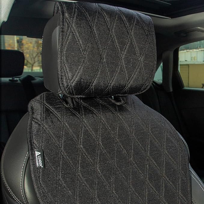 Leader Accessories 2pcs Sideless Front Seat Covers for All Seasons, Black | Breathable Faux Linen Seat Cushions, Non-Slip Bottom With Headrest Protectors, Universal Fit For Car Van SUV Pickup Truck - Image 2