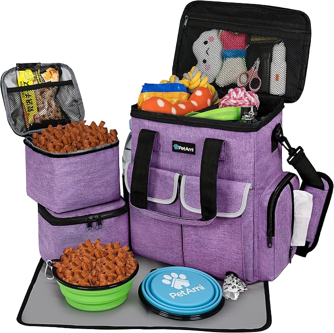 PetAmi Dog Travel Bag Pet Supplies Accessories Organizer for Traveling, Camping, Weekend; Cat Pet Travel Bag Kit Includes 2 Food Storage Containers, 2 Collapsible Bowls, 1 Feeding Mat (Purple) by PetAmi