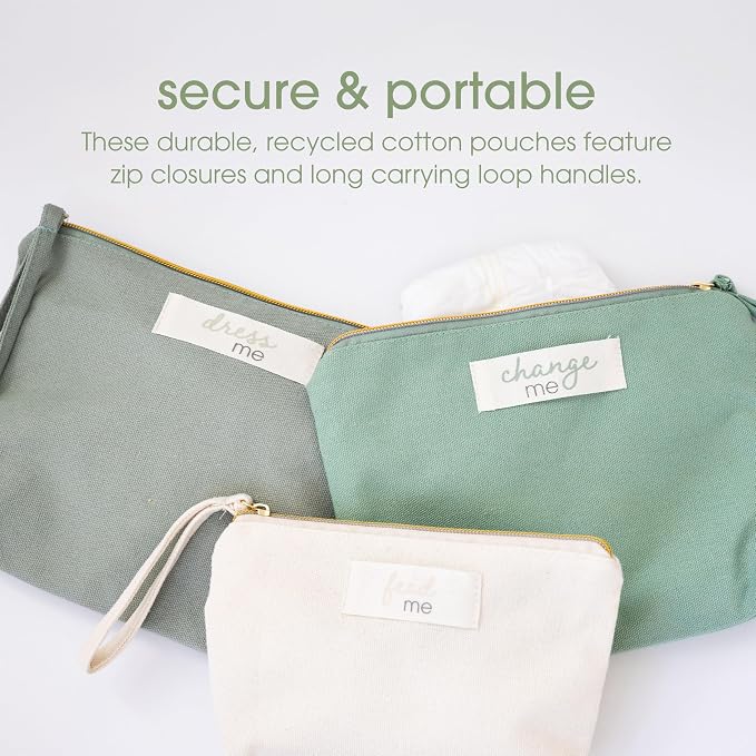Pearhead Baby Diaper Bag Organizing Zipper Pouches, Set of 3 | Feed Me Change Me Dress Me, Recycled Cotton, Gender-Neutral New Mom Essentials, Zip Bags, Organized in Style - Image 6
