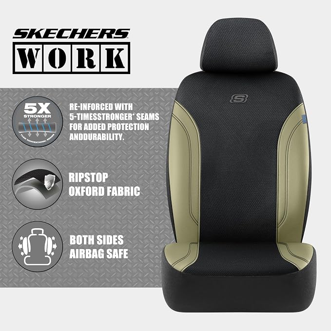 Skechers Car Seat Covers, Work Leather Seat Covers 5-Times Stronger Built-in Webbing, Oxford Fabric Front Seat Cover, Airbag Compatible, Automotive Comfort for Cars, Trucks, SUVs,Beige - Image 3