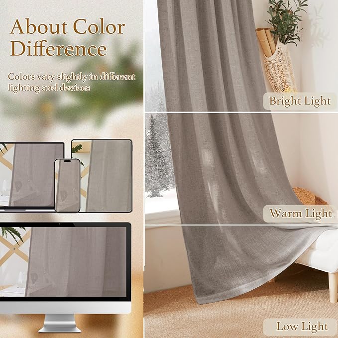 RYB HOME Privacy Sheer Curtains for Living Room, Linen Textured Semi Sheer for Bedroom Window Treatment Panels Light Glare Filtering, Birch Brown, Width 52 x Length 90 per Panel, 1 Pair - Image 7