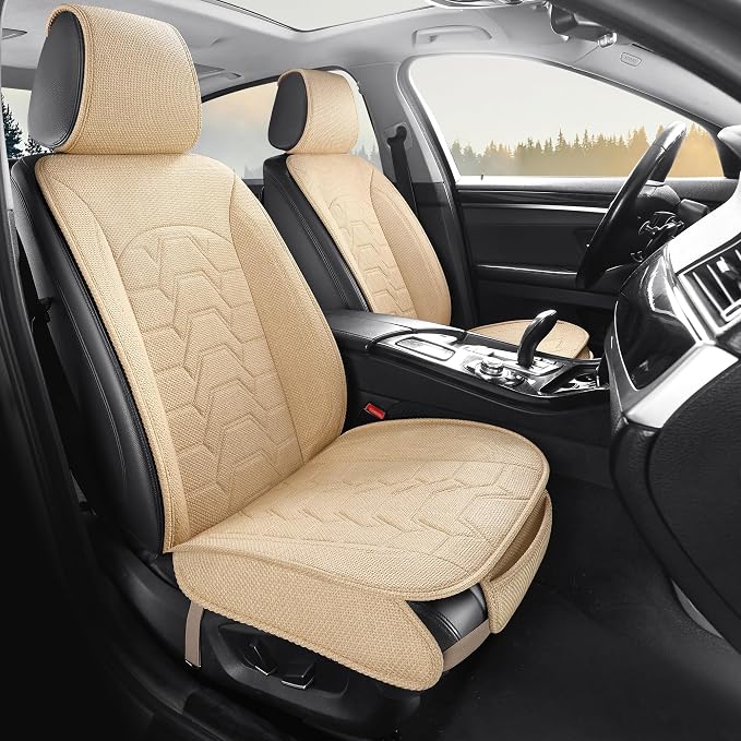 Linen Front Car Seat Covers Cloth Fabric Automotive Seat Protectors | Breathable Durable Anti-Slip All-Season Comfort Easy to Install Universal Fit for 95% of Cars Trucks SUVs Vans (Beige, 2PCS) - Image 2