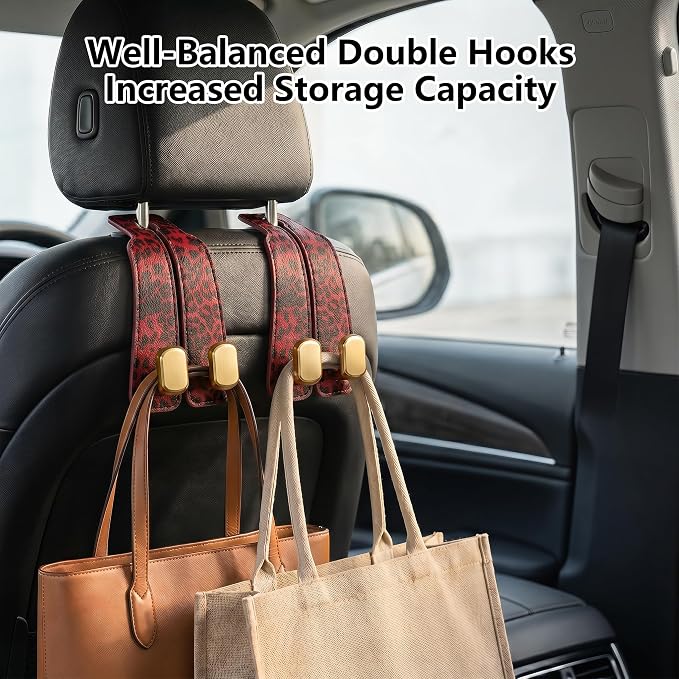 Purse Hook for Car Seat Headrest,Suede Car Purse Hook,Heavy Duty Car Hooks Organizer for Handbags,Grocery Bags & Backpacks,Universal Car Hooks for SUV Truck Interior (Red Leopard Print, Double hook) - Image 5