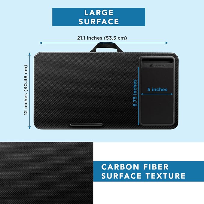 LAPGEAR Home Office Lap Desk – Black Carbon, Fits 15.6” Laptops | Built-In Mouse Pad & Phone Slot, Integrated Device Ledge, Dual-Bolster Microbead Cushion, Carry Handle - Image 5