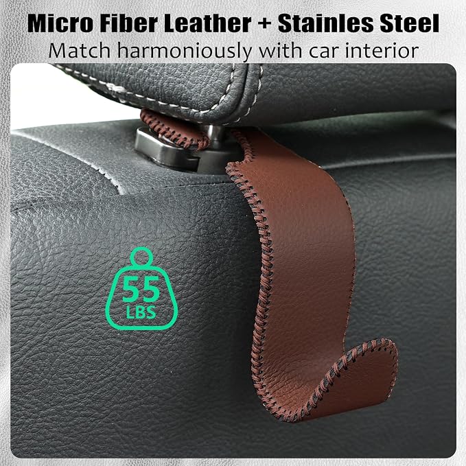 Car Seat Headrest Hook 55lb Heavy Duty Metal Hanger with Leather for Bags | Universal Fit car SUV Truck, Premium Microfiber Leather, Metal Core, Hang Purses Groceries Handbag Backpack, 2 Pack Brown - Image 6