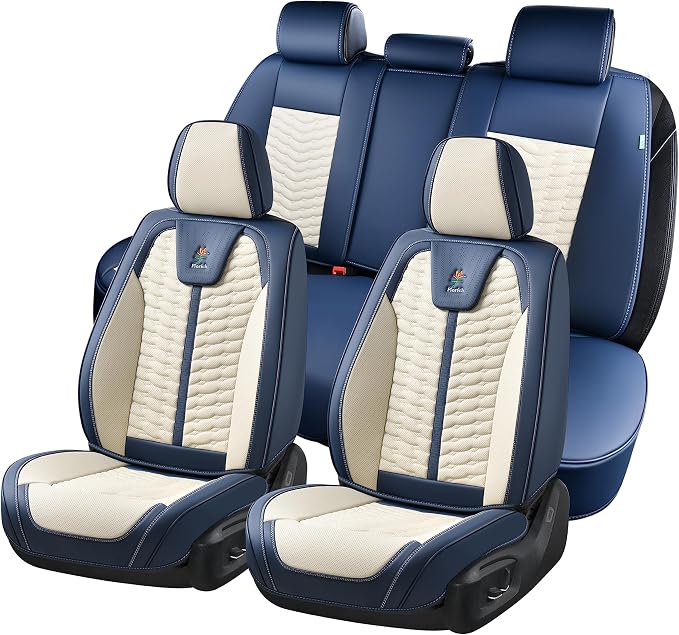 Seat Covers for Cars, Seat Covers Full Set 5 Seats, Waterproof Leather Car Seat Covers, Front and Rear Seat Covers, Universal Seat Protector Accessories for Most Vehicles-Blue&White by FLORICH