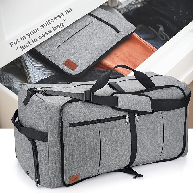 80L EXTRA LARGE Foldable Waterproof Travel Duffle Bag for Men and Women | with Shoe Compartment, Gray, 26" Duffel Bags for Weekender Gym Sport, Tear Resistant - Image 5