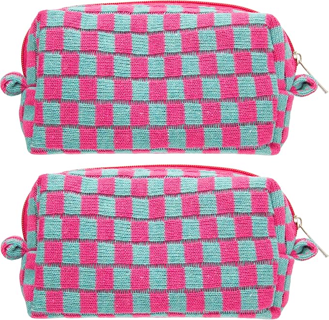 Checkered Makeup Bag for Purse, Small Cosmetic Pouch,Magenta Green,2 Pack | Cute Zipper Makeup Organizer for Women, Travel Essentials, Toiletries, Makeup Brushes, Beauty Accessories&Bridesmaid Gifts by PAZIMIIK