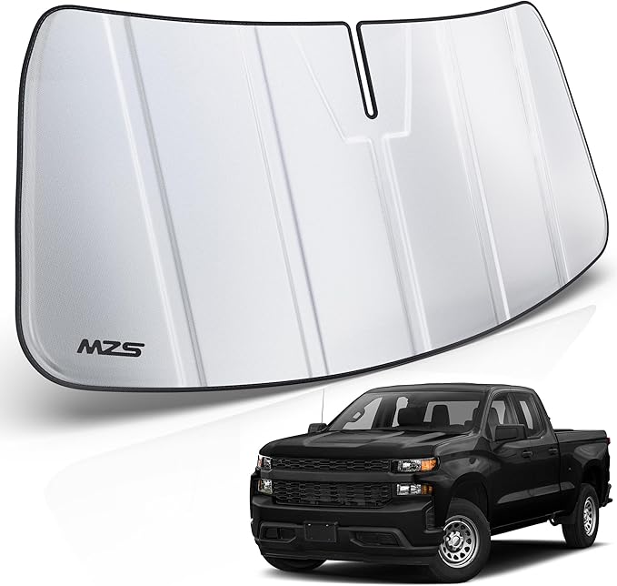 MZS Windshield Sun Shade for Silverado Sierra 1500 2500HD 3500HD 2019-2026 | 6-Layer Heat Insulation, 99% UV Blocking, Keeps Interior Cool, Full Coverage Visor, Foldable Car Window Sunshade, Storage Bag by MZS
