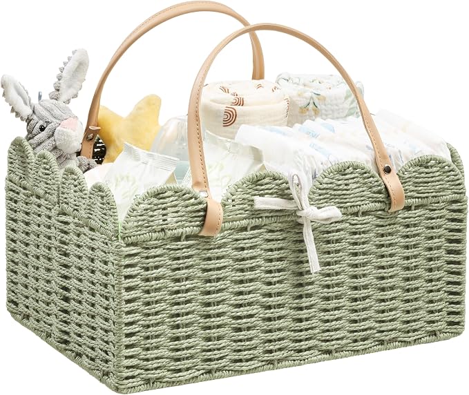 Angelhood Paper Rope Diaper Caddy, Scalloped Baskets with Removable Divider | Woven Floral Baby Diaper Organizer for Changing Table,Baby Shower Gifts,Portable Car Organizer for Diapers by Angelhood