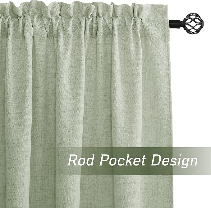 RYB HOME Linen Sheer Curtains 108 inches Long for Living Room | Breathable, Weave Textured, Rod Pocket, Semi Sheer, Sage Green, for Dining Room, W52 x L108, 2 Panels Set - Image 2