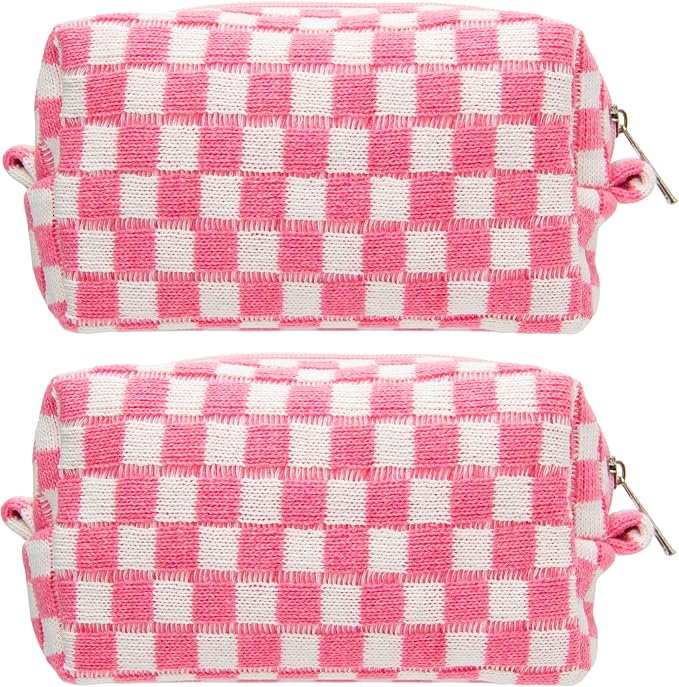 Checkered Makeup Bag for Purse, Small Travel Cosmetic Pouch,Pink,2 Pack | Cute Zipper Makeup Organizer for Women, Travel Essentials, Toiletries, Makeup Brushes, Beauty Accessories&Bridesmaid Gifts by PAZIMIIK