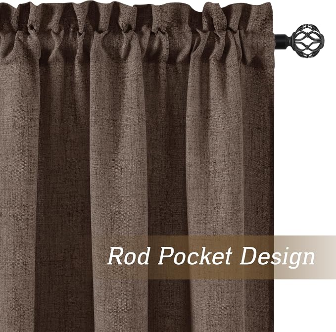 RYB HOME Natural Linen Sheer Curtains 72 inches Long for Kitchen/Bedroom | Weave Textured, Rod Pocket, Light Filtering, Brown, W52 x L72, 2 Panels Set - Image 3