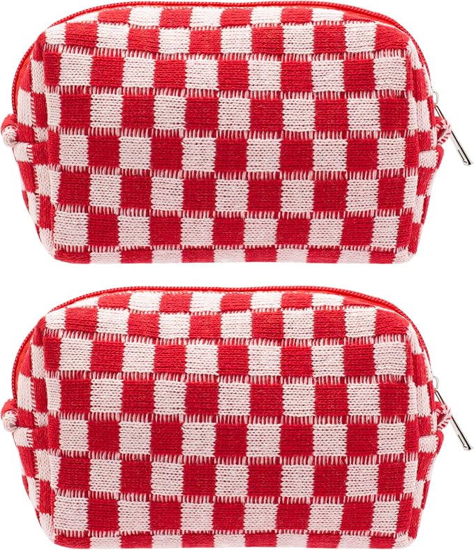 Checkered Makeup Bag for Purse, Small Travel Cosmetic Pouch,Red,2 Pack | Cute Zipper Makeup Organizer for Women, Travel Essentials, Toiletries, Makeup Brushes, Beauty Accessories&Bridesmaid Gifts by PAZIMIIK