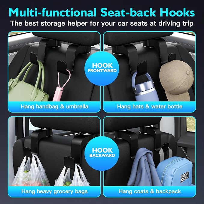 Amooca Anti-drop Car Seat Hooks Heavy Duty 55lb Headrest Hanger 2 Pack | Durable ABS, Non-slip, Automotive Backseat Storage for Backpack Umbrella Water Bottle Coat Purses Handbags Groceries, Black - Image 4