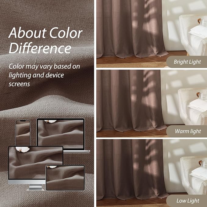 RYB HOME Linen Sheer Curtains 2 Panels for Living Room, Semi Transparent Privacy Drapes with Rod Pocket Farmhouse Style Window Treatments for Bedroom, Brown, 52" W x 95" L - Image 4