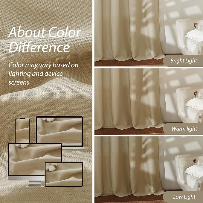 RYB HOME Linen Sheer Curtains 2 Panels for Living Room, Semi Transparent Privacy Drapes with Rod Pocket Farmhouse Style Window Treatments for Bedroom, Camel, 52" W x 102" L - Image 5