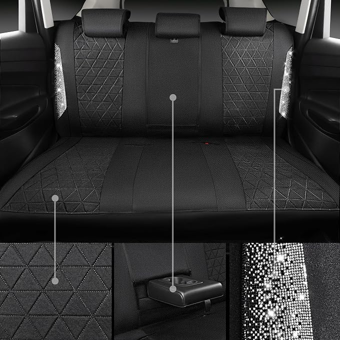 CAR PASS Oxford Bling Diamond Car Seat Covers Full Set Interior Sets, Waterproof Shining Glitter Sparkly Crystal Universal Armrest Fit 95% Automotive Truck SUV Cute Women Girl, Black Silver Rhinestone - Image 7