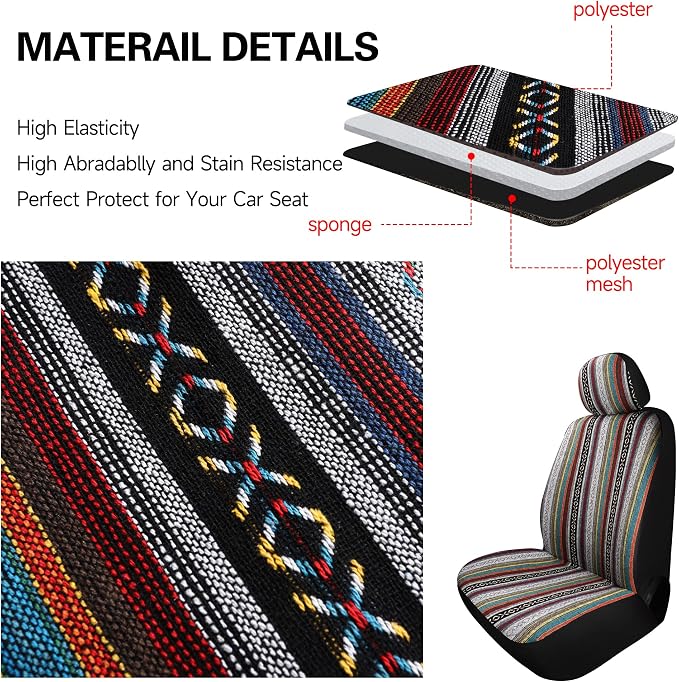 HAIYAOTIMES Baja Saddle Blanket Car Seat Covers Front Set with Seat Belt Pads, Washable Breathable Seat Covers for Cars, Universal Fit Interior Covers for Most Sedan Truck SUV, Airbag Compatible, Red - Image 5