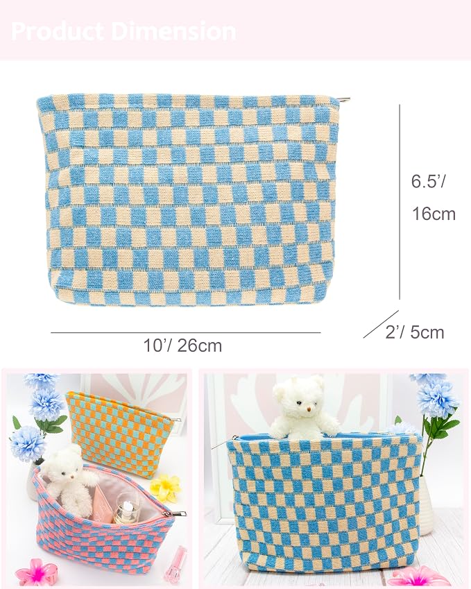 Checkered Makeup Bag for Purse, Small Flat Cosmetic Pouch,Blue Beige | Cute Zipper Makeup Organizer for Women, Travel Essentials, Toiletries, Makeup Brushes, Beauty Accessories&Bridesmaid Gifts - Image 4