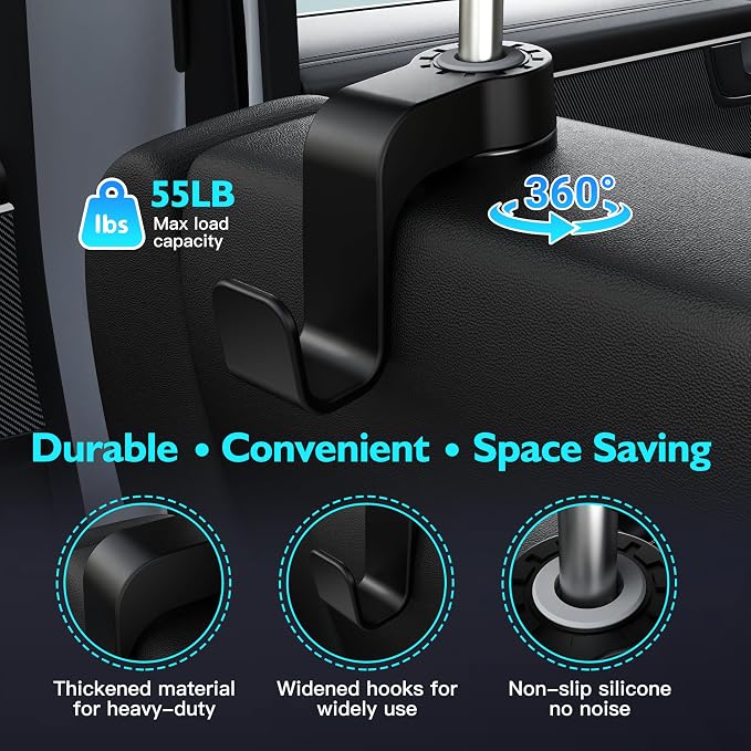 Amooca Anti-drop Car Seat Hooks Heavy Duty 55lb Headrest Hanger 2 Pack | Durable ABS, Non-slip, Automotive Backseat Storage for Backpack Umbrella Water Bottle Coat Purses Handbags Groceries, Black - Image 5
