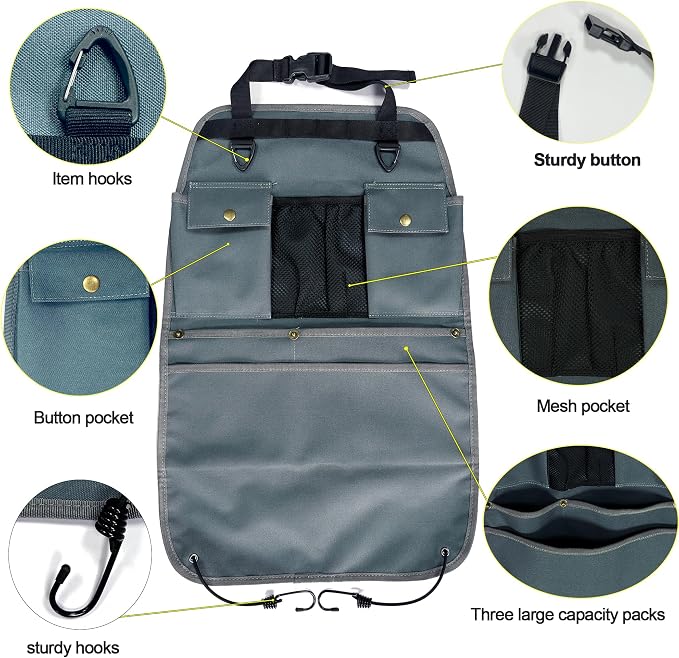 Car Seat Back Organizer with Multiple Pockets and Hooks (grey) - Image 3