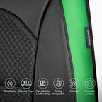 Car Pass Memory Foam Leather Seat Covers,Air Cool Mesh Thick Car Seat Covers Front Seat Green Leather Seat Covers for Cars Universal for SUVs Trucks,Airbag Compatible Comfort Durable,Black Green Metal - Image 5