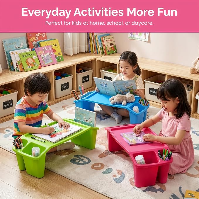 Set of 12 Pink Activity Desk Tables with Built-In Cup Holder and Storage Compartments, Multipurpose Lap Trays for Home Learning, Art Activities, Snack Time, Floor-Based Tasks, and Raised-Leg - Image 2