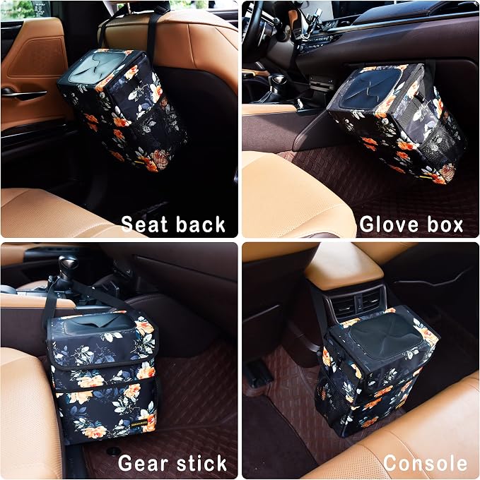 SIBOFUEGO Cute Car Trash Can with Lid – Multipurpose Collapsible Trash Bin for Car, Leak-Proof Organizer, Waterproof Garbage Can with Storage Pockets & Adjustable Straps, 2 Gallons (Flower) - Image 6