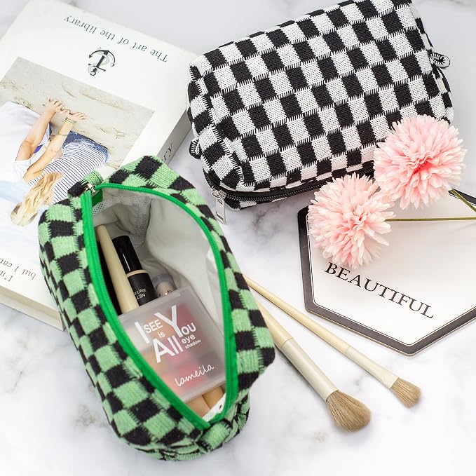 PAZIMIIK Checkered Makeup Bag for Purse Portable Zipper Make Up Pouch Small Cosmetic Case for Travel Accessories (Green Black) | Cute Zipper Makeup Organizer for Women, Travel Essentials, Toiletries, Makeup Brushes, Beauty Accessories&Bridesmaid Gifts - Image 4